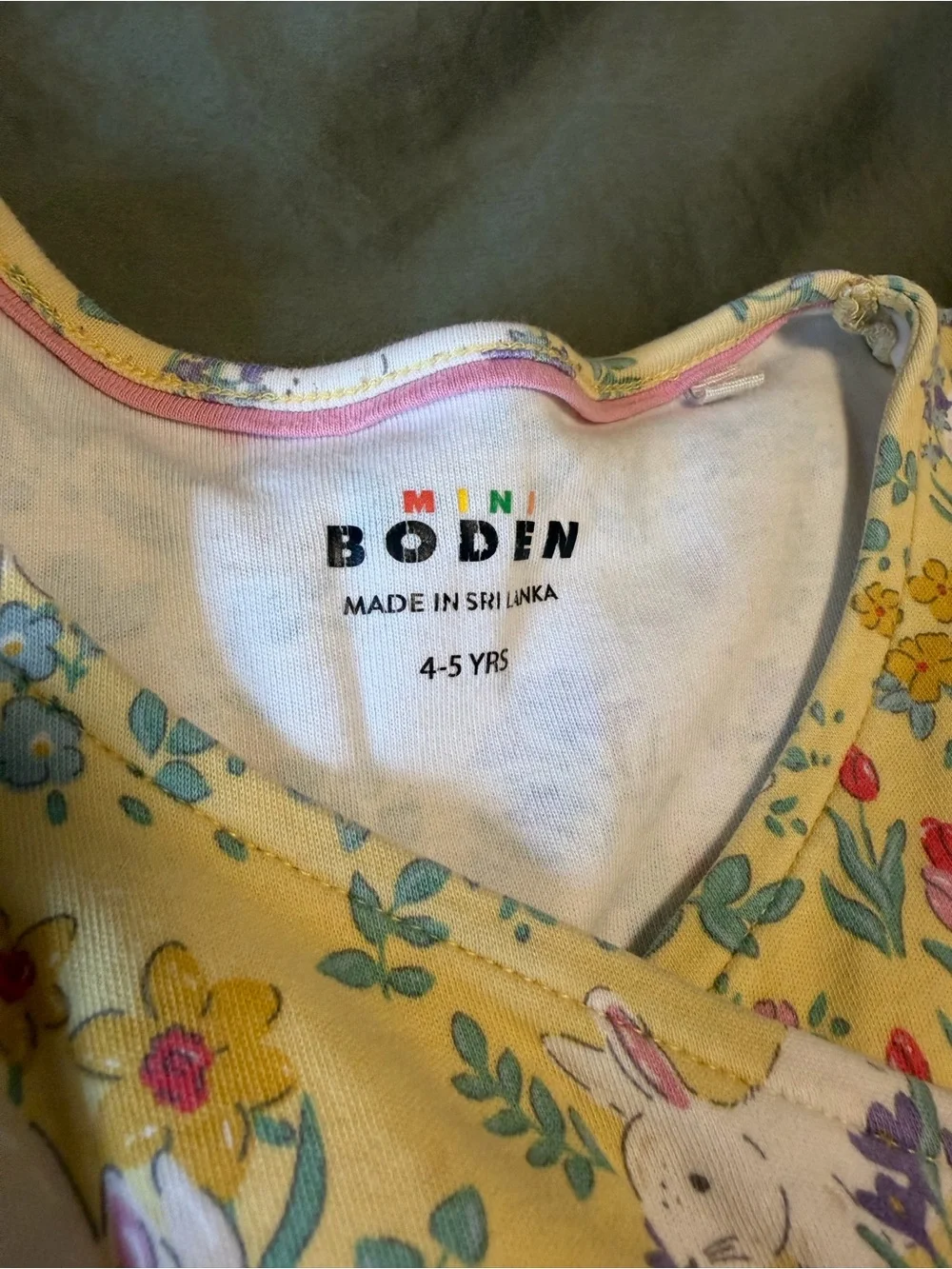 Mini Boden Yellow Bunny & Floral Puff Sleeve Dress 4-5y